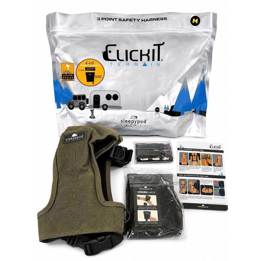 Sleepypod Clickit Terrain Dog Car Harness Strap Seatbelt Olive Green CTX Bundle
